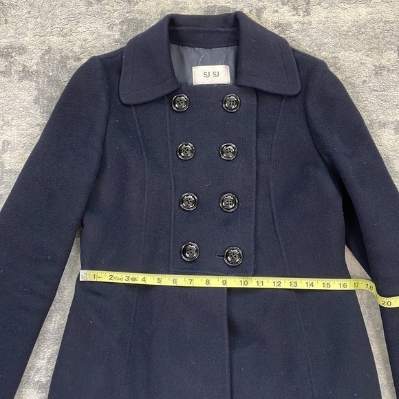 SJSJ Double Breasted Pea Coat Deep Navy Blue Angora Mink Wool Sz M - Picture 5 of 11